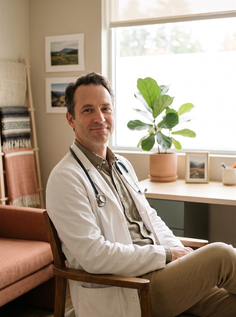 Médico sorrindo no consultório, atendendo sem pressa
